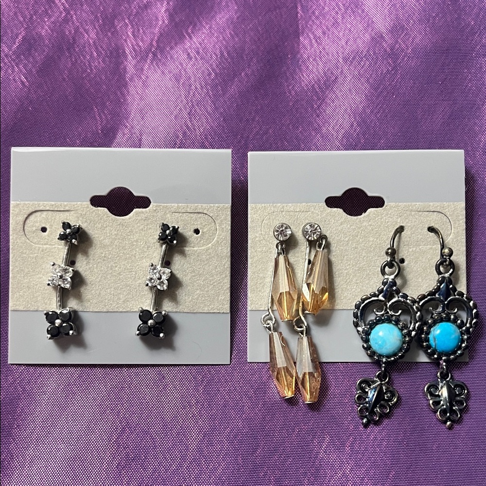 3 Pairs Mixed Earrings - Silver, Amber, Turquoise
